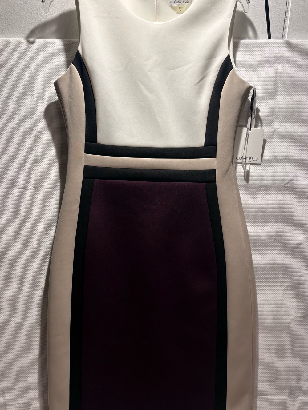 Calvin Klein White, Taupe & Plum Panel Sheath Dress
